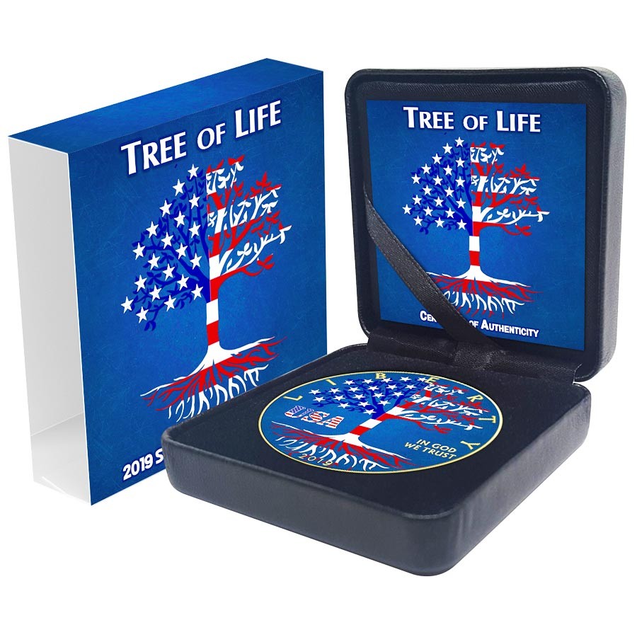 USA TREE OF LIFE FLAG American Silver Eagle 2019 Walking Liberty $1 Silver coin Gold plated 1 oz